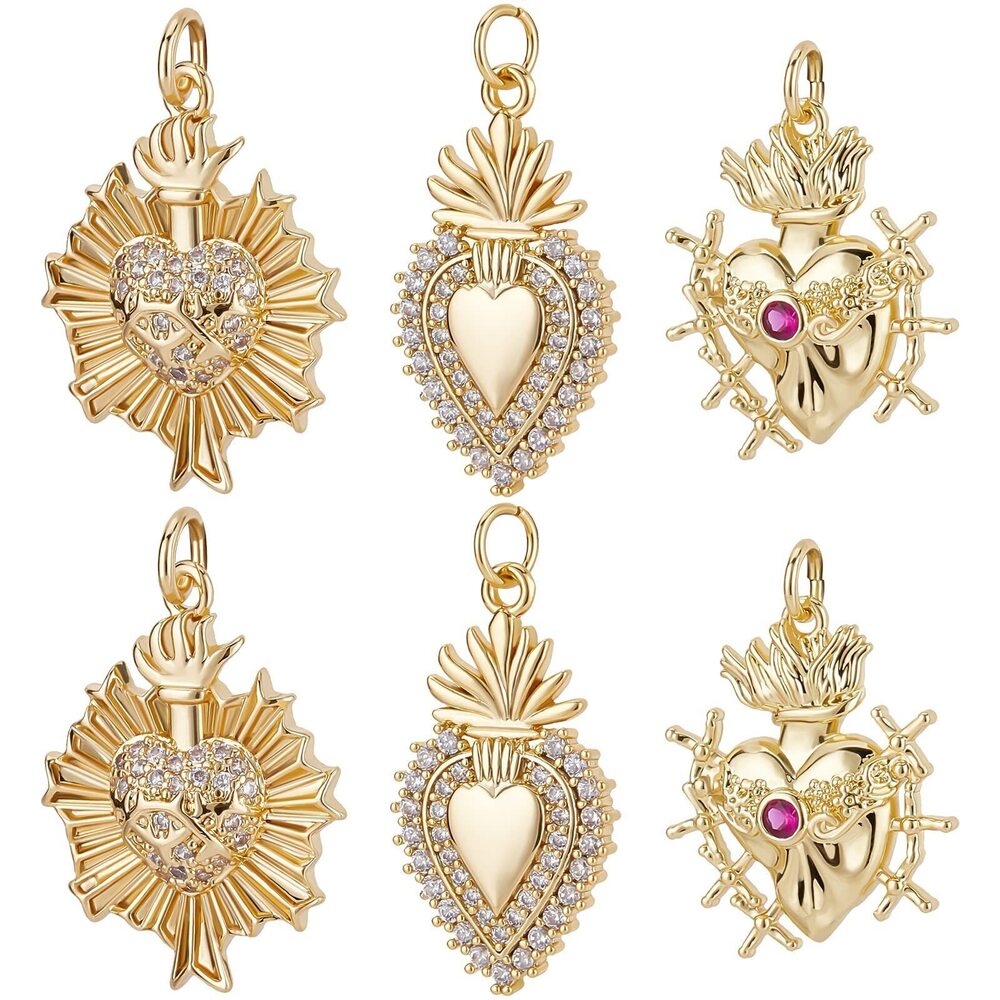 7303 6Pcs/Box 3 Styles Sacred Heart Charms 18K Gold Plated Brass